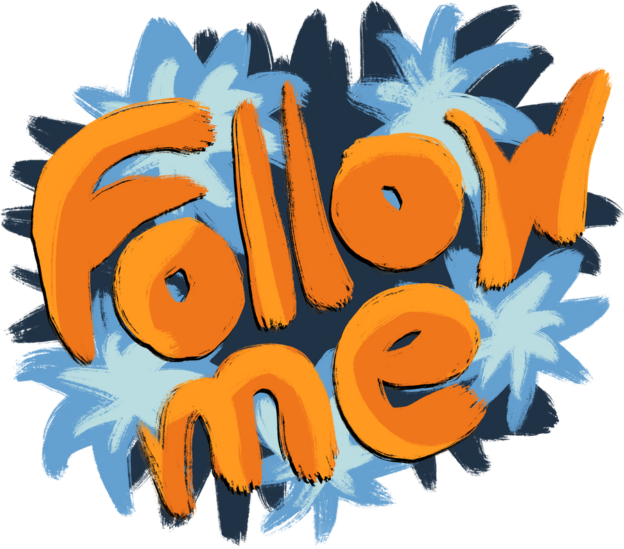 Orange follow me social media sticker with blue summer flowers