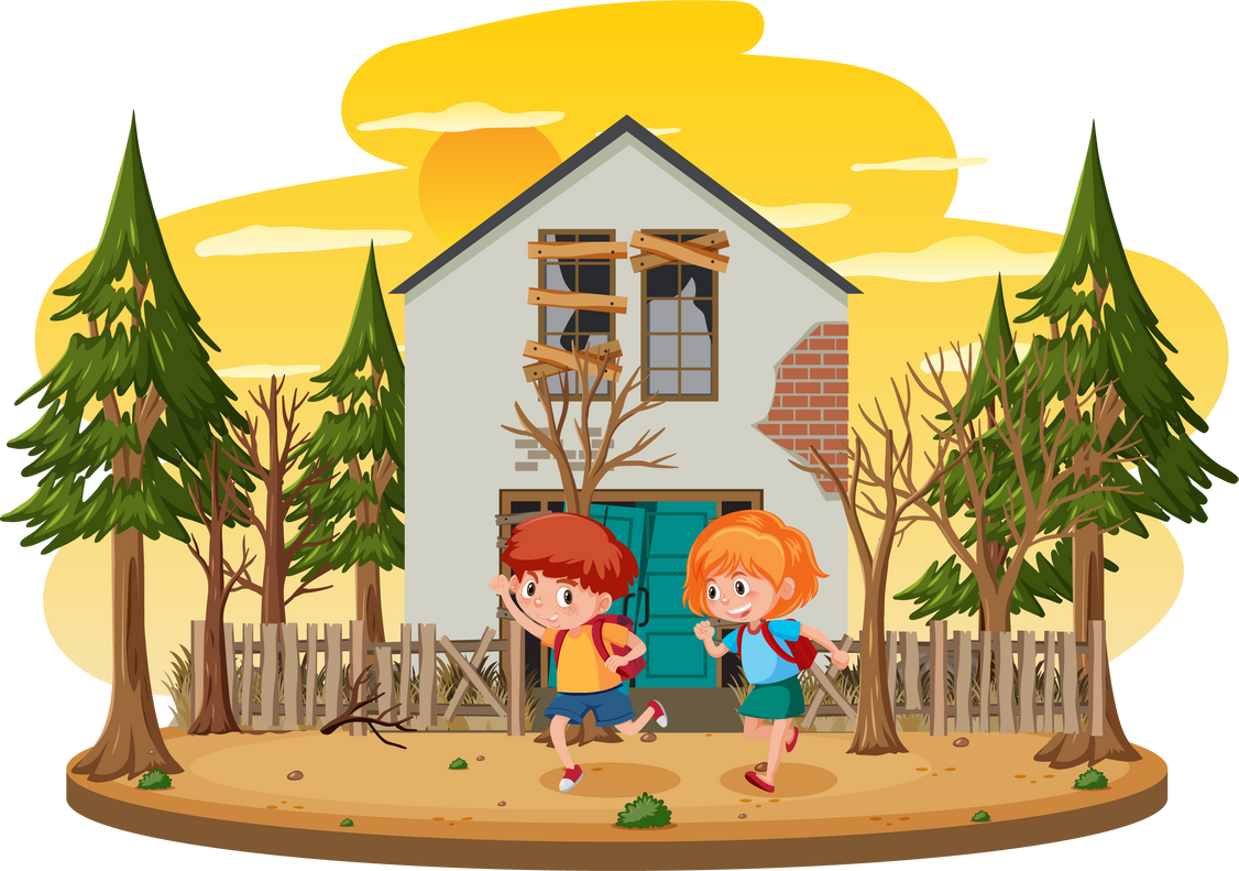 Children running in front of the old house